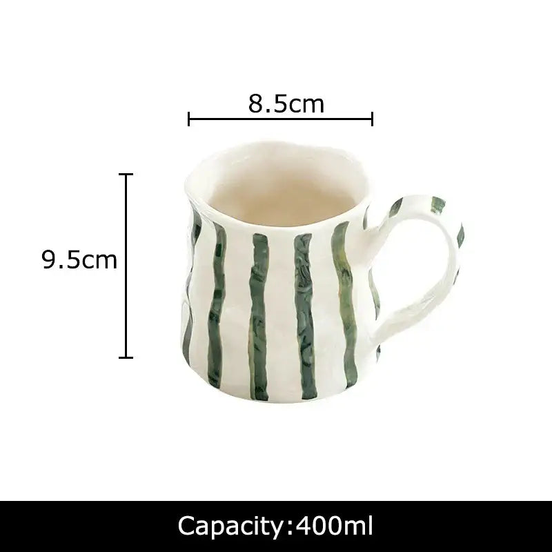 Hand-painted green & brown colorful stripes porcelain mugs kitchen set