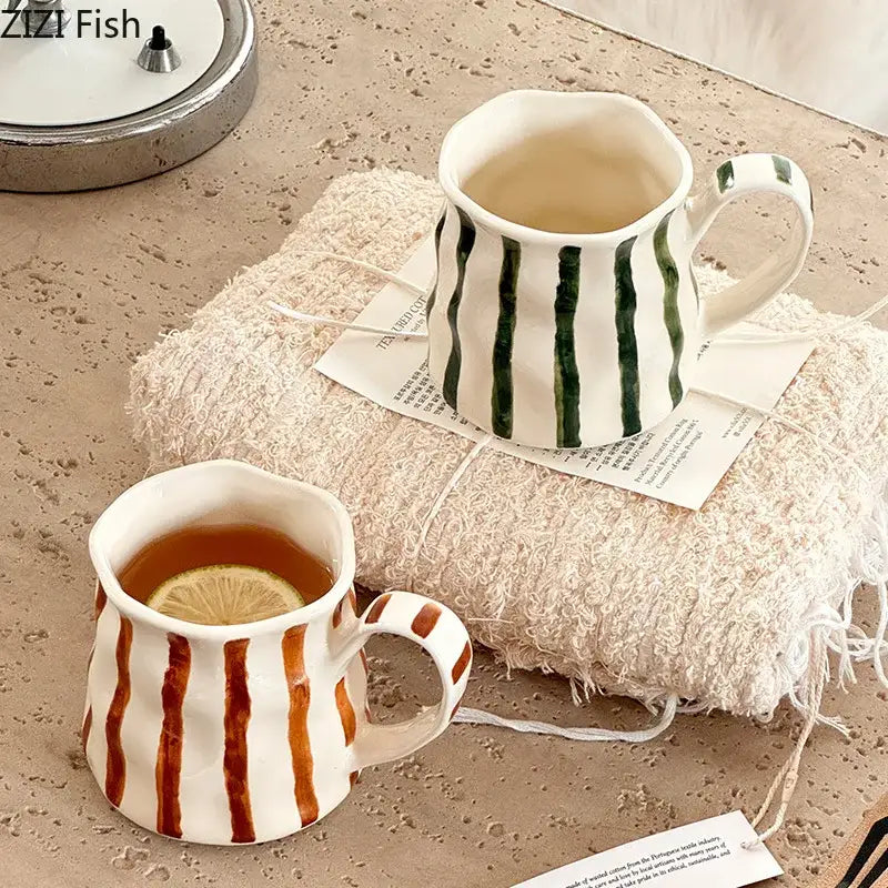 Hand-painted green & brown colorful stripes porcelain mugs kitchen set