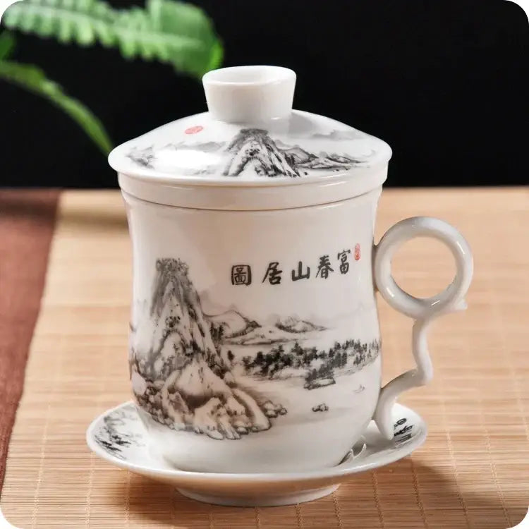 Hand painted lotus white porcelain tea cup with filter dining room