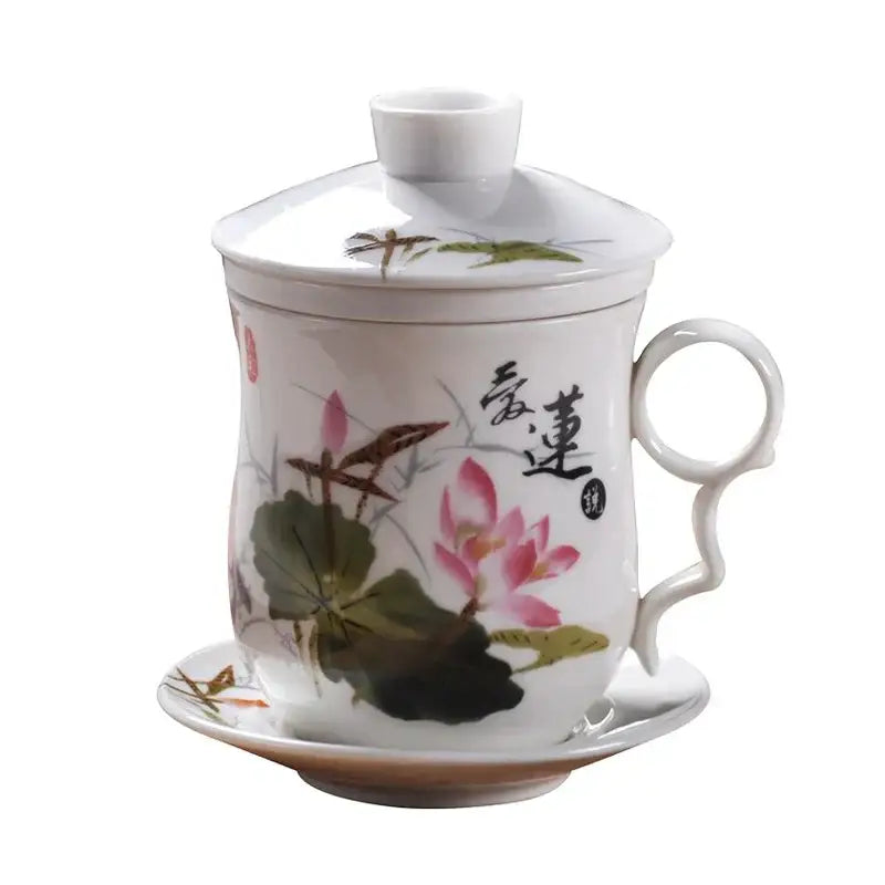 Hand painted lotus white porcelain tea cup with filter dining room