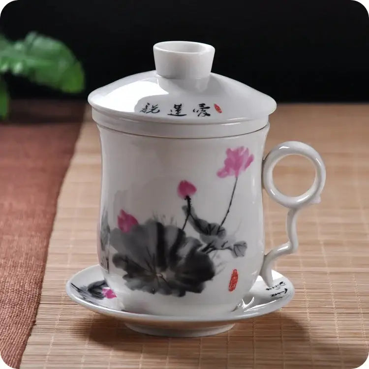 Hand painted lotus white porcelain tea cup with filter dining room