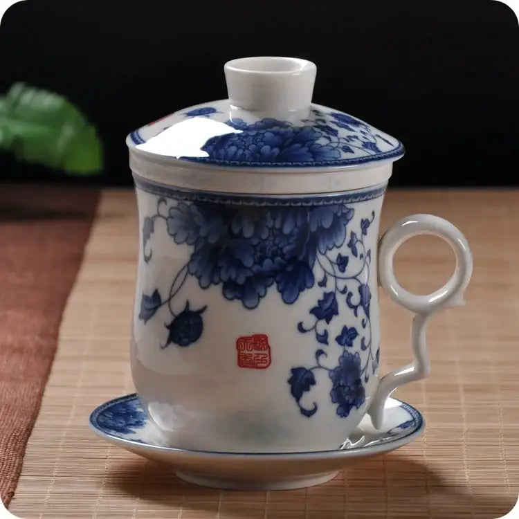 Hand painted lotus white porcelain tea cup with filter dining room