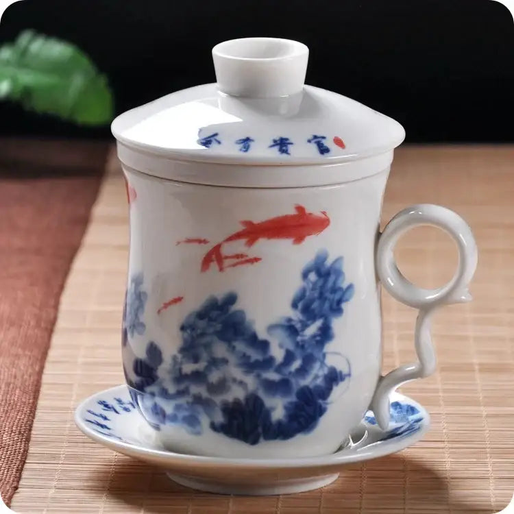 Hand painted lotus white porcelain tea cup with filter dining room