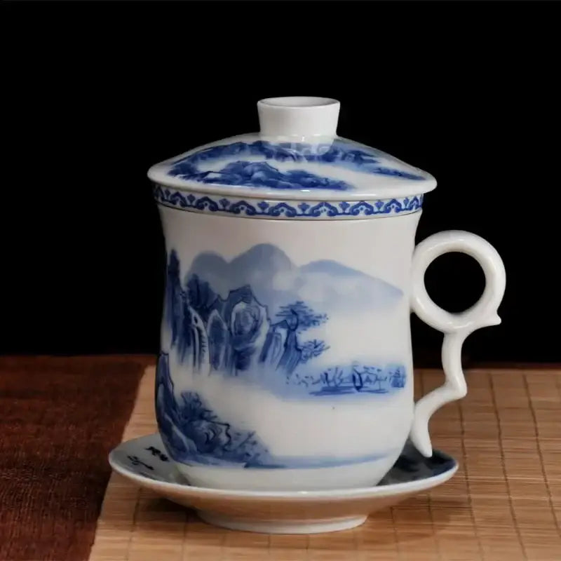 Hand painted lotus white porcelain tea cup with filter dining room