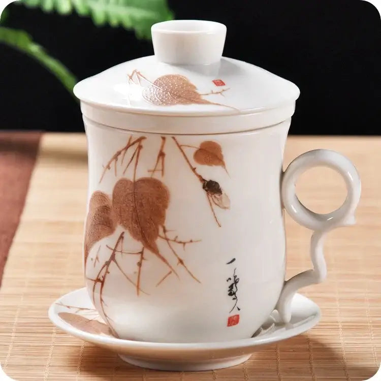 Hand painted lotus white porcelain tea cup with filter dining room