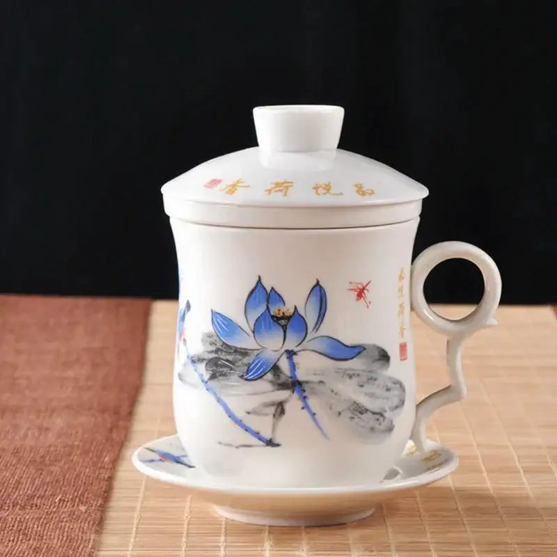 Hand painted lotus white porcelain tea cup with filter dining room