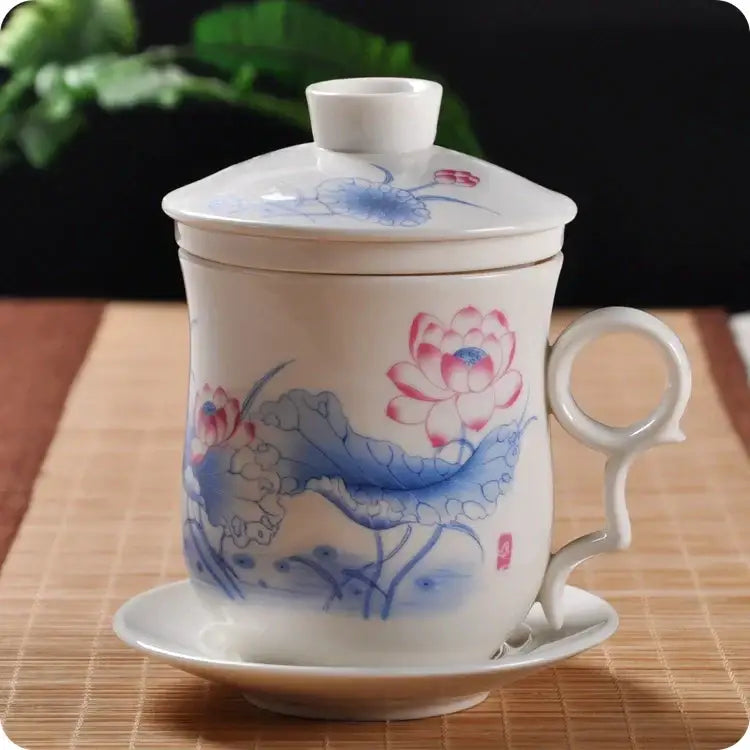 Hand painted lotus white porcelain tea cup with filter dining room