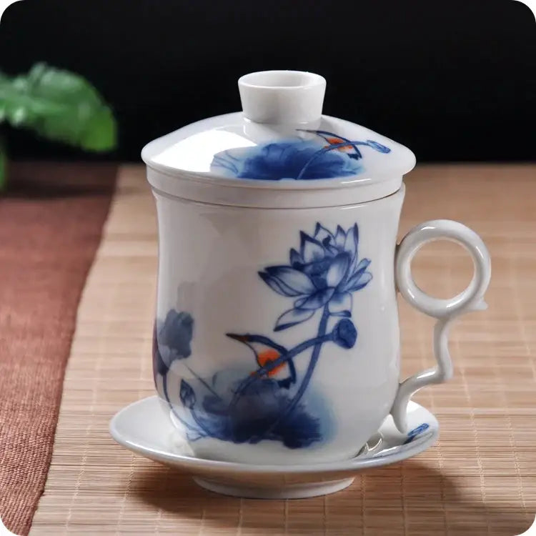 Hand painted lotus white porcelain tea cup with filter dining room