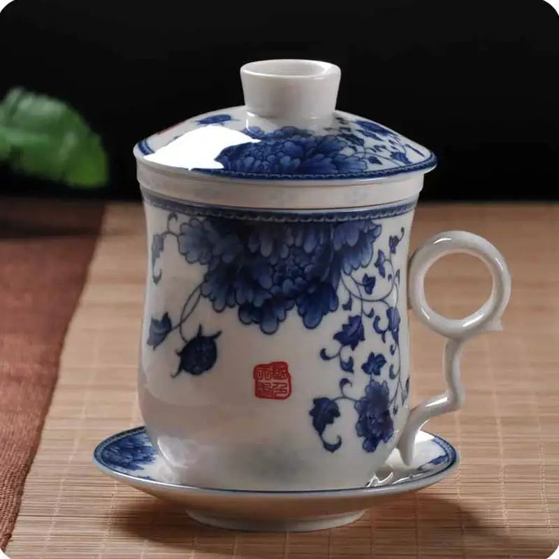 Hand painted lotus white porcelain tea cup with filter dining room