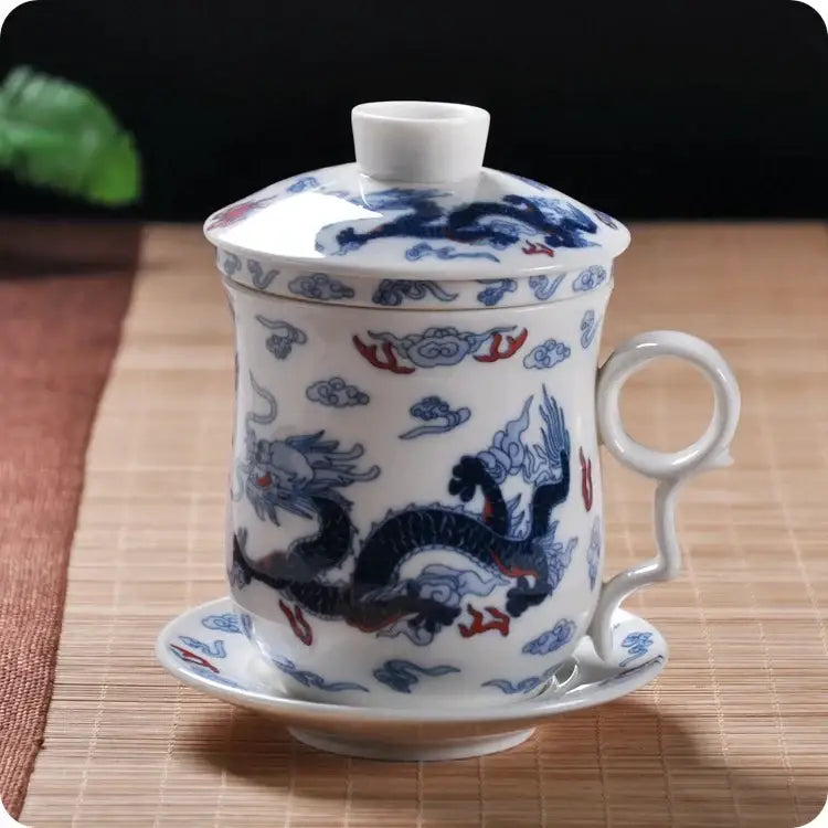 Hand painted lotus white porcelain tea cup with filter dining room