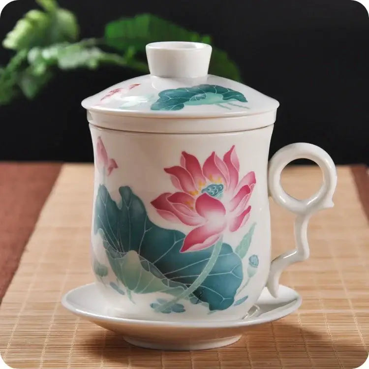 Hand painted lotus white porcelain tea cup with filter dining room