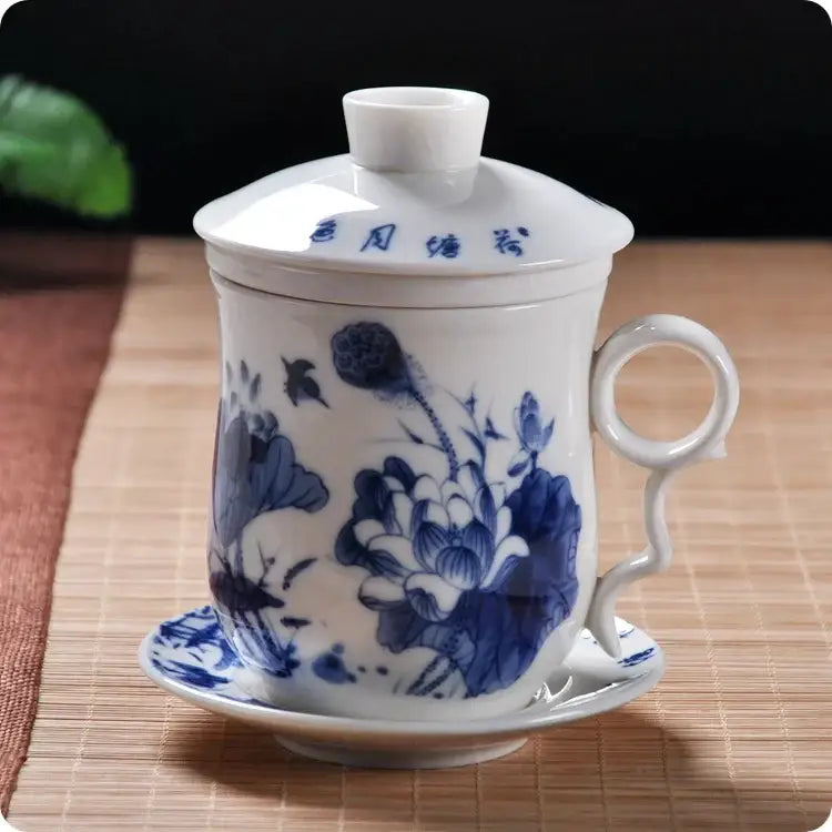 Hand painted lotus white porcelain tea cup with filter dining room