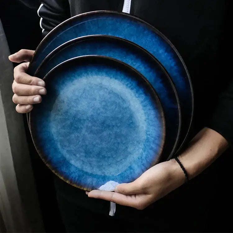 Handcrafted gradient blue ceramic round plate dining room set of 3