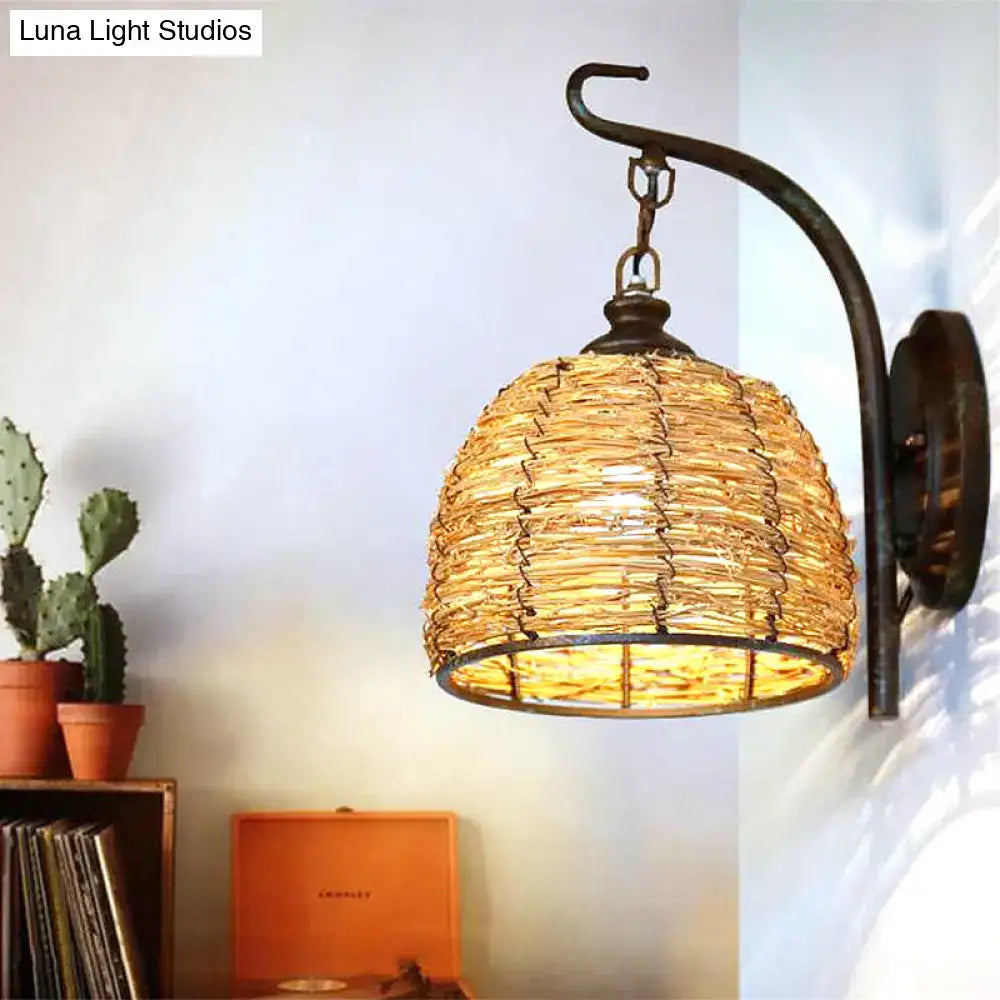 Handmade asian rattan dome wall sconce bedroom brown fixture type