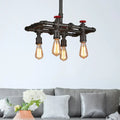 DecorBites black finish hanging ceiling light with industrial black pipe chandelier and red valve accents for dining table