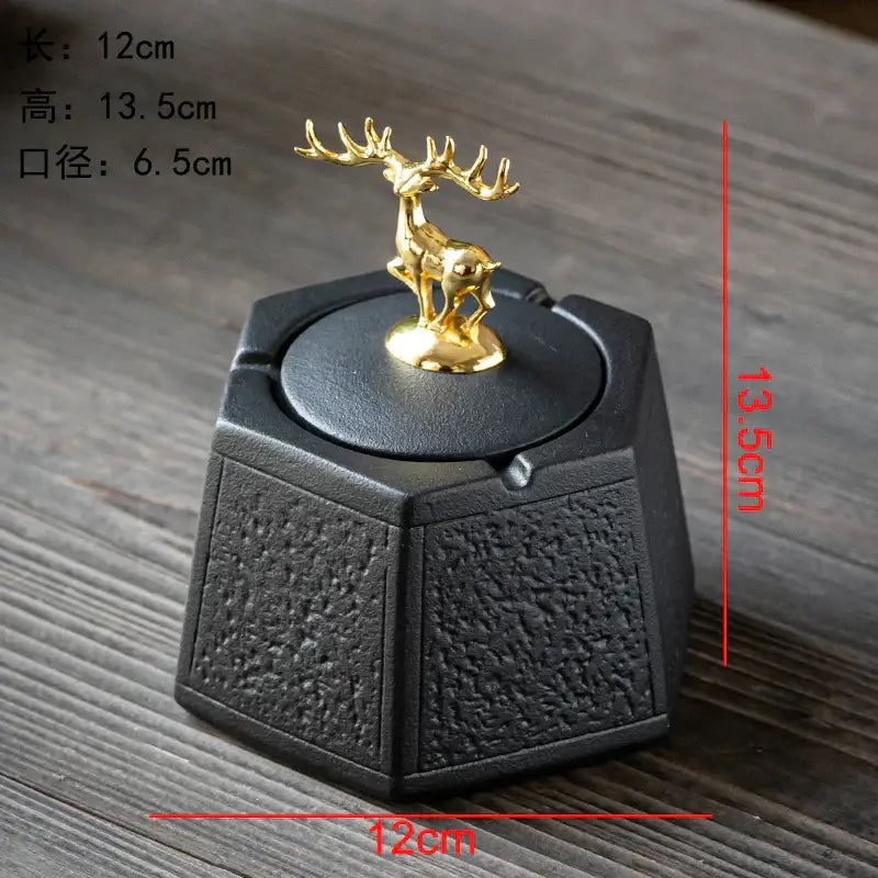 Hexagonal black pottery ashtray with gold deer lid for living room