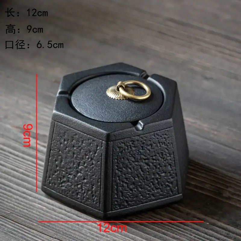 Hexagonal black pottery ashtray with gold deer lid for living room