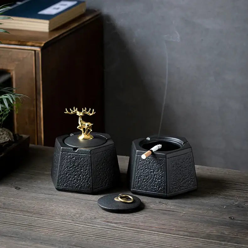 Hexagonal black pottery ashtray with gold deer lid for living room