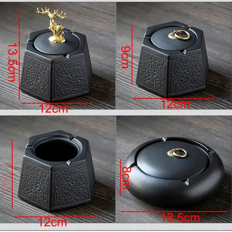Hexagonal black pottery ashtray with gold deer lid for living room