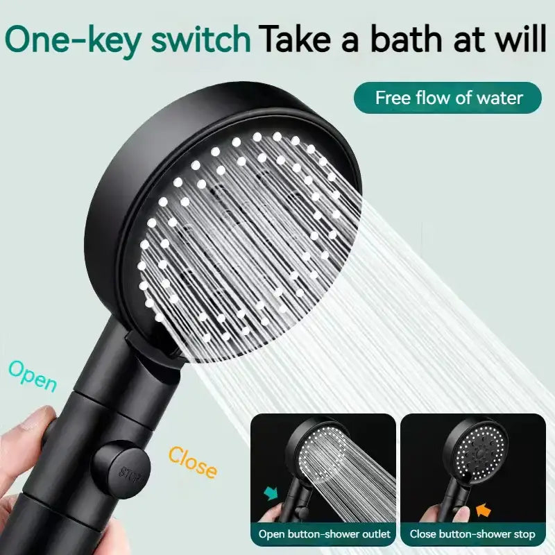 High pressure black round shower head bathroom one key switch