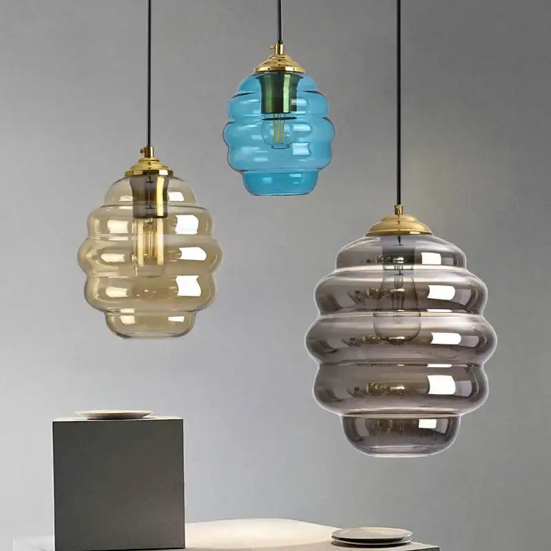 Honeycomb amber blue and gray glass pendant light for kitchen dining