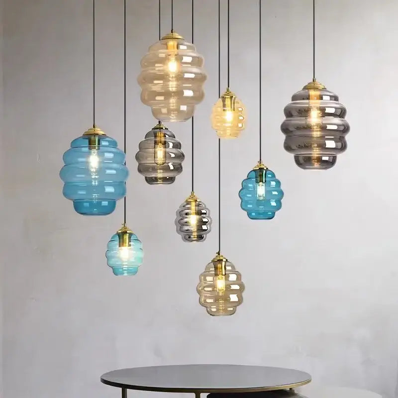 Honeycomb amber blue and gray glass pendant light for kitchen dining