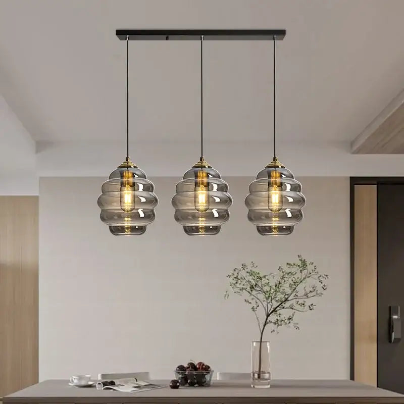 Honeycomb amber blue and gray glass pendant light for kitchen dining
