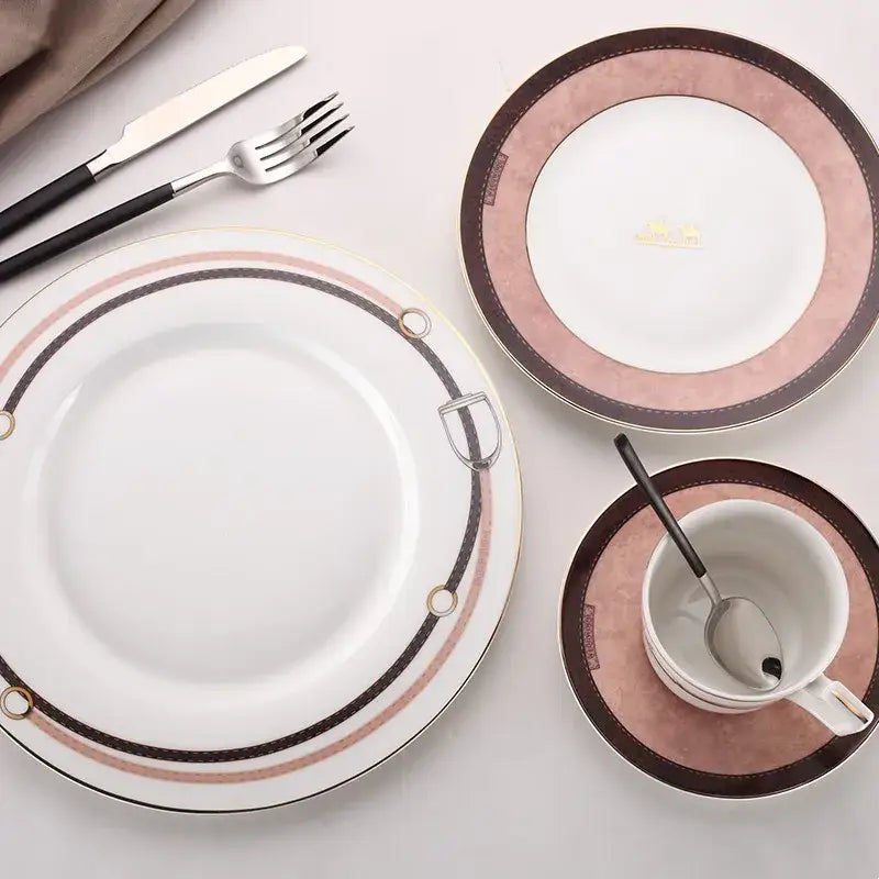 Horsebit pink & brown decorbites bone china tableware set dining room