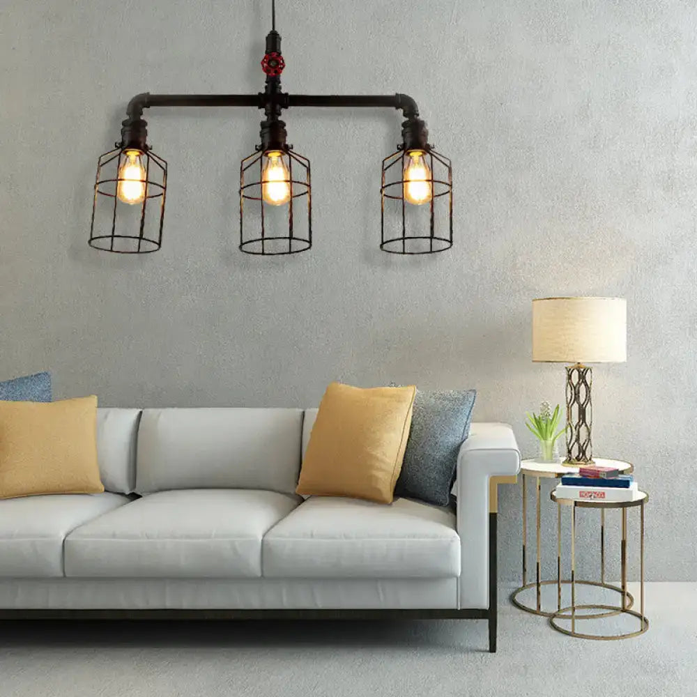 Industrial aged silver & black wire guard ceiling light dining room