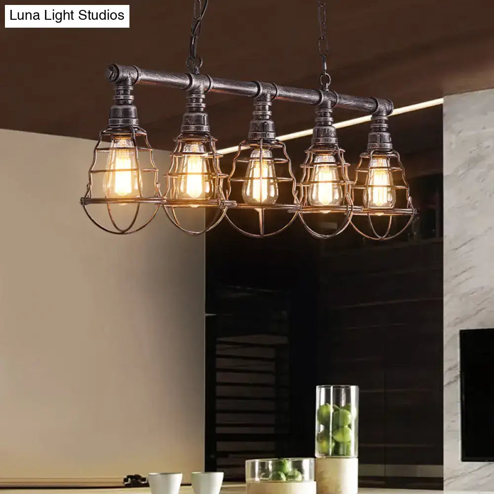 Industrial aged silver metal caged island light dining room pendant