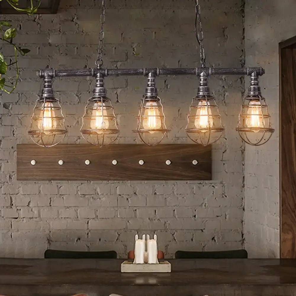 Industrial aged silver metal caged island light dining room pendant