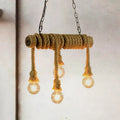 Decorbites™ industrial style dining room hanging island light with beige rope and four open bulb fixtures