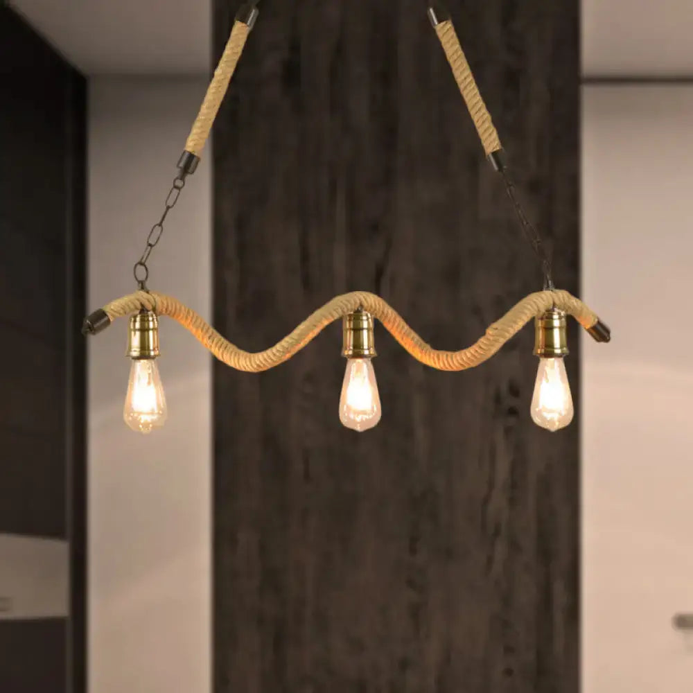 Industrial beige rope pendant with exposed bulbs for dining room