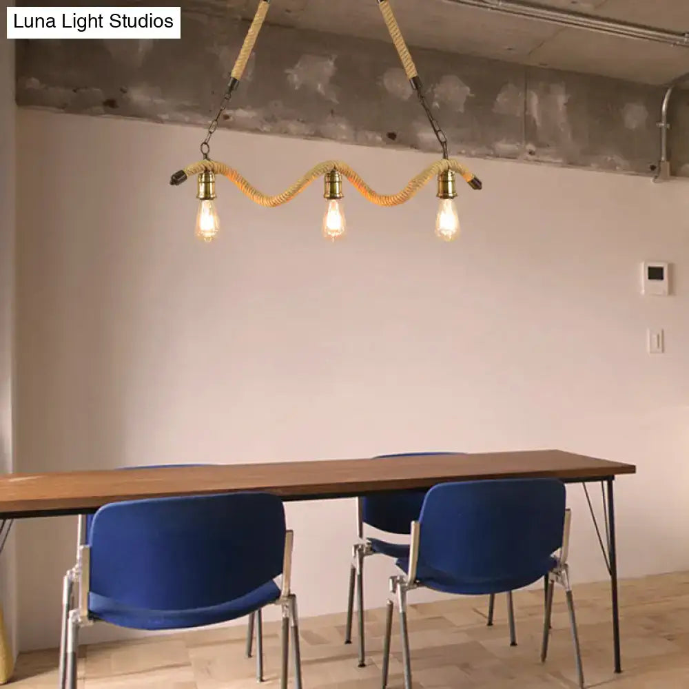 Industrial beige rope pendant with exposed bulbs for dining room