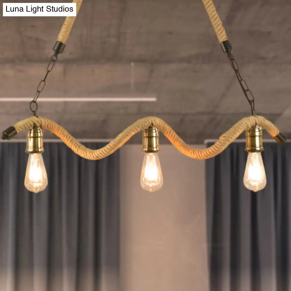 Industrial beige rope pendant with exposed bulbs for dining room