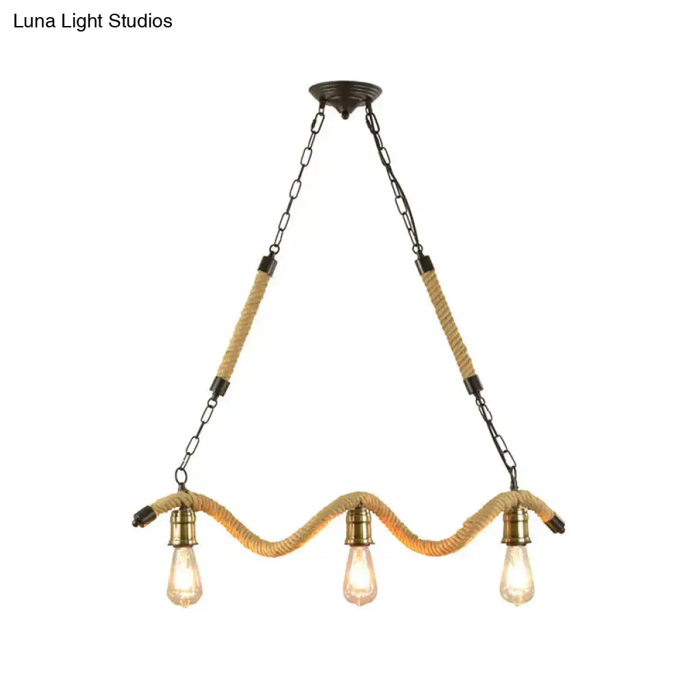 Industrial beige rope pendant with exposed bulbs for dining room