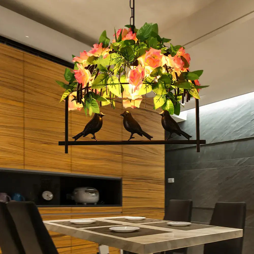 Industrial birdcage island pendant with roses – kitchen dining room