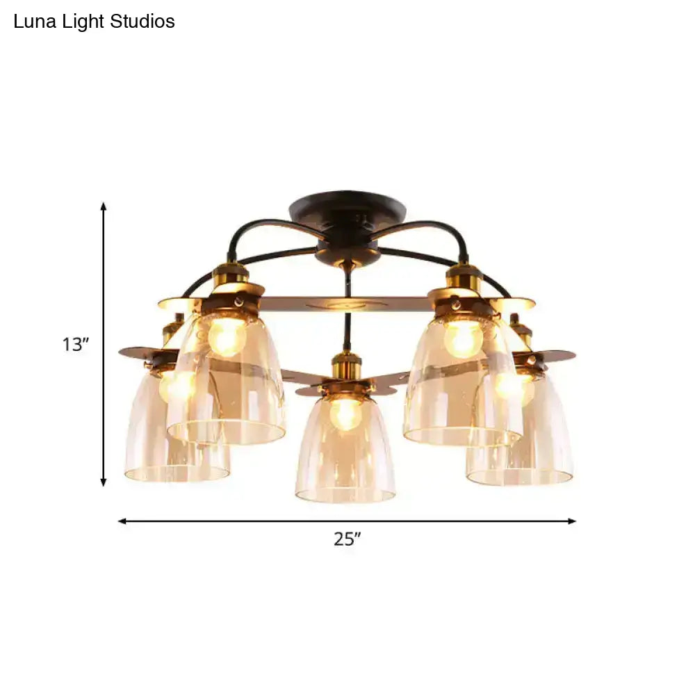 DecorBites industrial cognac glass bell semi flush ceiling lamp with five amber shades and aged brass frame for living room