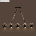 Industrial-style led chandelier with four black conical shades suspended by twisted hemp rope for cafes and bars