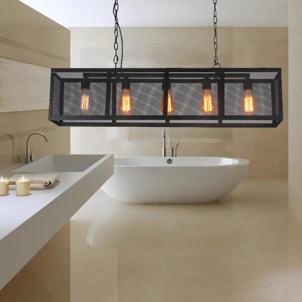 Industrial black mesh shade pendant light dining room 5 bulb island