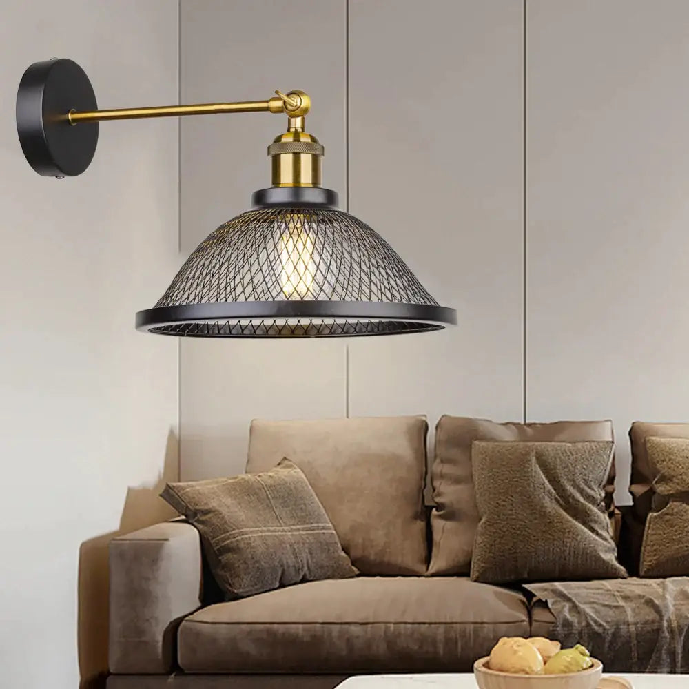 Industrial black metal cage wall lamp bedroom brass sconce