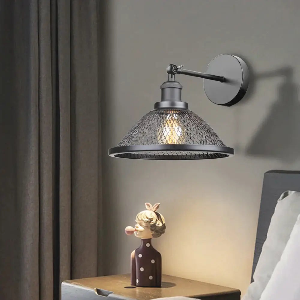 Industrial black metal cage wall lamp bedroom brass sconce