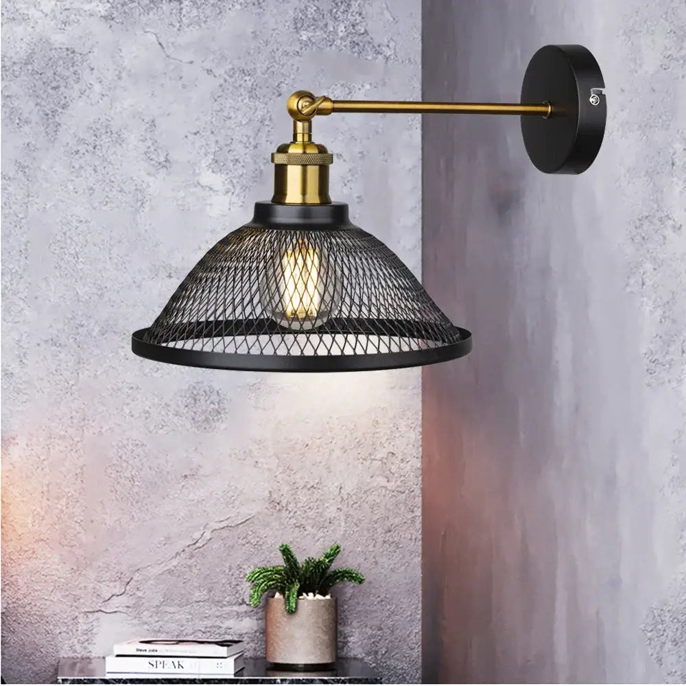 Industrial black metal cage wall lamp bedroom brass sconce