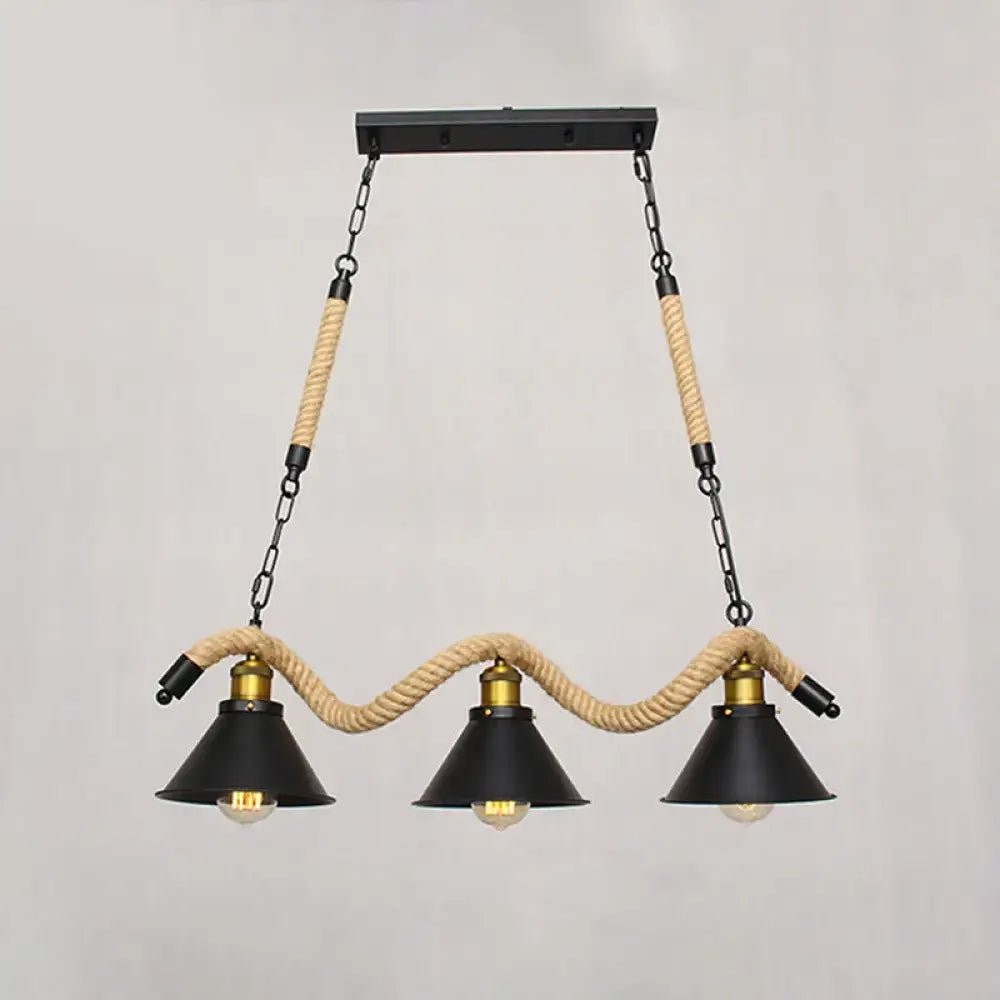 Industrial black metal conical island ceiling light kitchen rope pendant