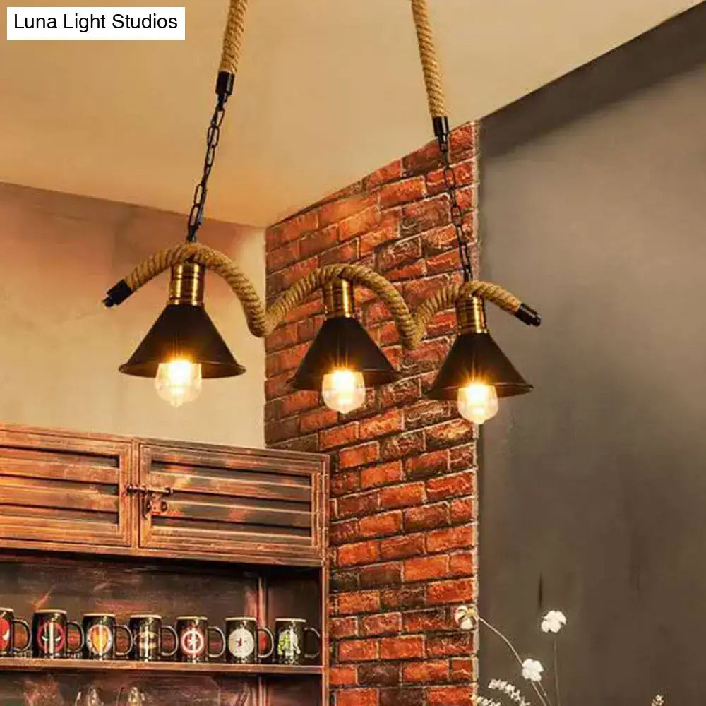 Industrial black metal conical island ceiling light kitchen rope pendant
