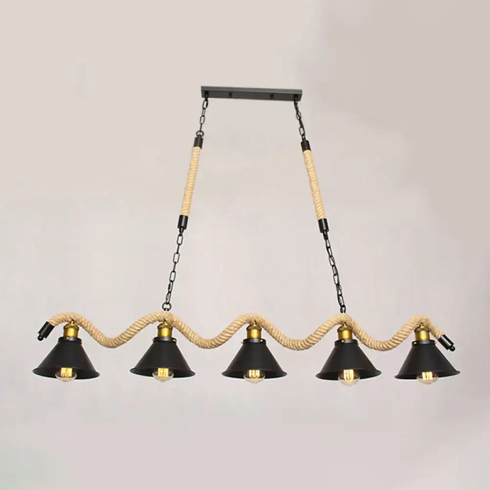 Industrial black metal conical island ceiling light kitchen rope pendant