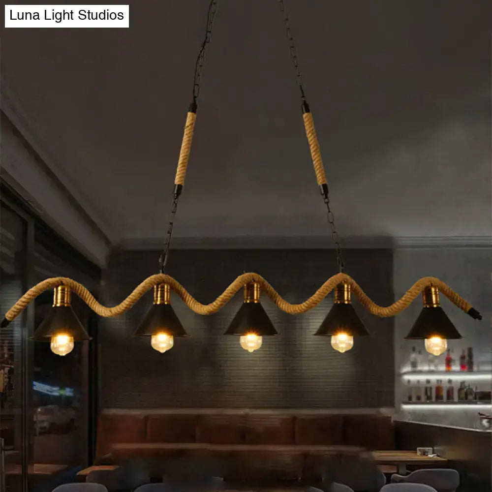 Industrial black metal conical island ceiling light kitchen rope pendant
