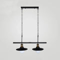Decorbites industrial flared metal ceiling light in black features two exposed bulbs with brass accents and adjustable chain height