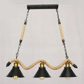 Industrial black metal island chandelier with three conical shades brass fixtures and natural rope-wrapped chains