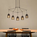 Decorbites™ industrial black wrought iron hanging ceiling lamp with five cage-style mesh bell shades